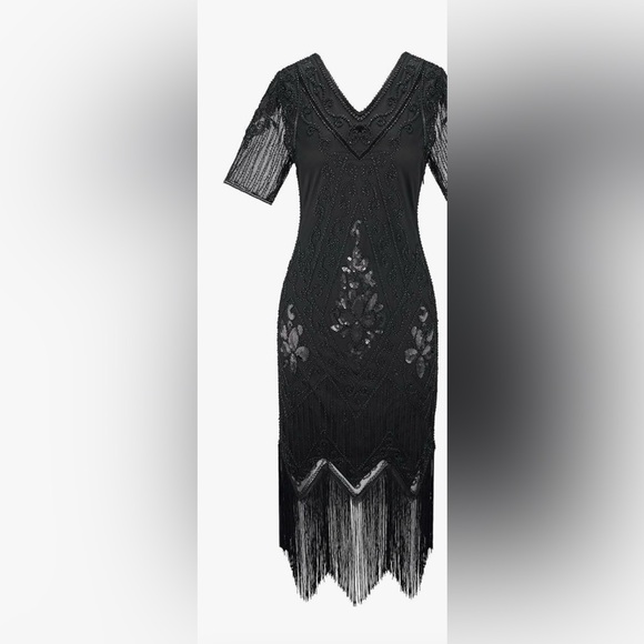 1920s Gatsby Sequin Fringed Flapper Dress + Accessories Set – 3XL – Black – NWT - Picture 9 of 10